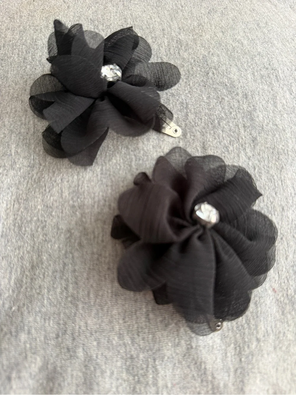 Set of 2 Black Floral Fabric Hair Clips with Rhinestone Accent